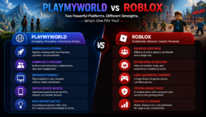 PlayMyWorld vs Roblox comparison infographic highlighting key differences and strengths