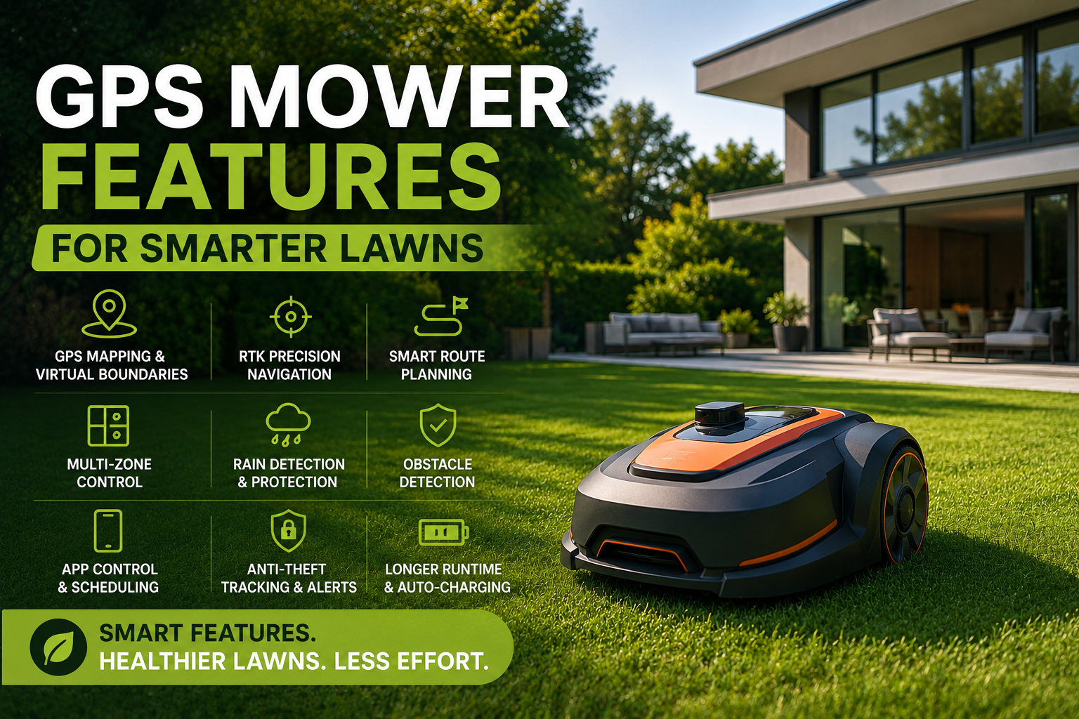 GPS mower with smart navigation features maintaining a residential lawn