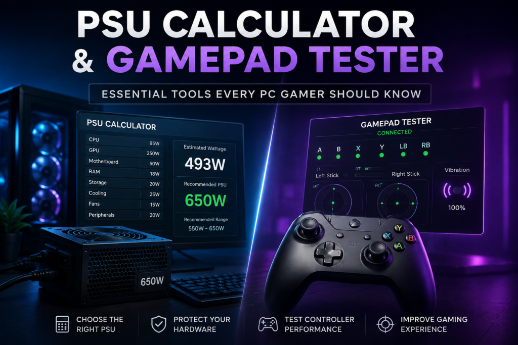 PSU Calculator and Gamepad Tester displayed on dual monitors with a gaming PC, power supply unit, and Xbox-style controller for PC gaming setup optimization.