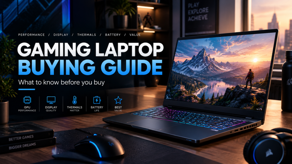 Gaming laptop buying guide showing a modern gaming laptop and key buying considerations
