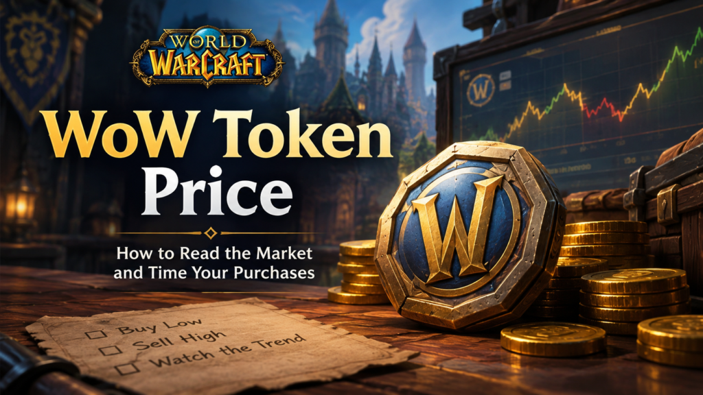 WoW Token price market guide with a gold token and price chart