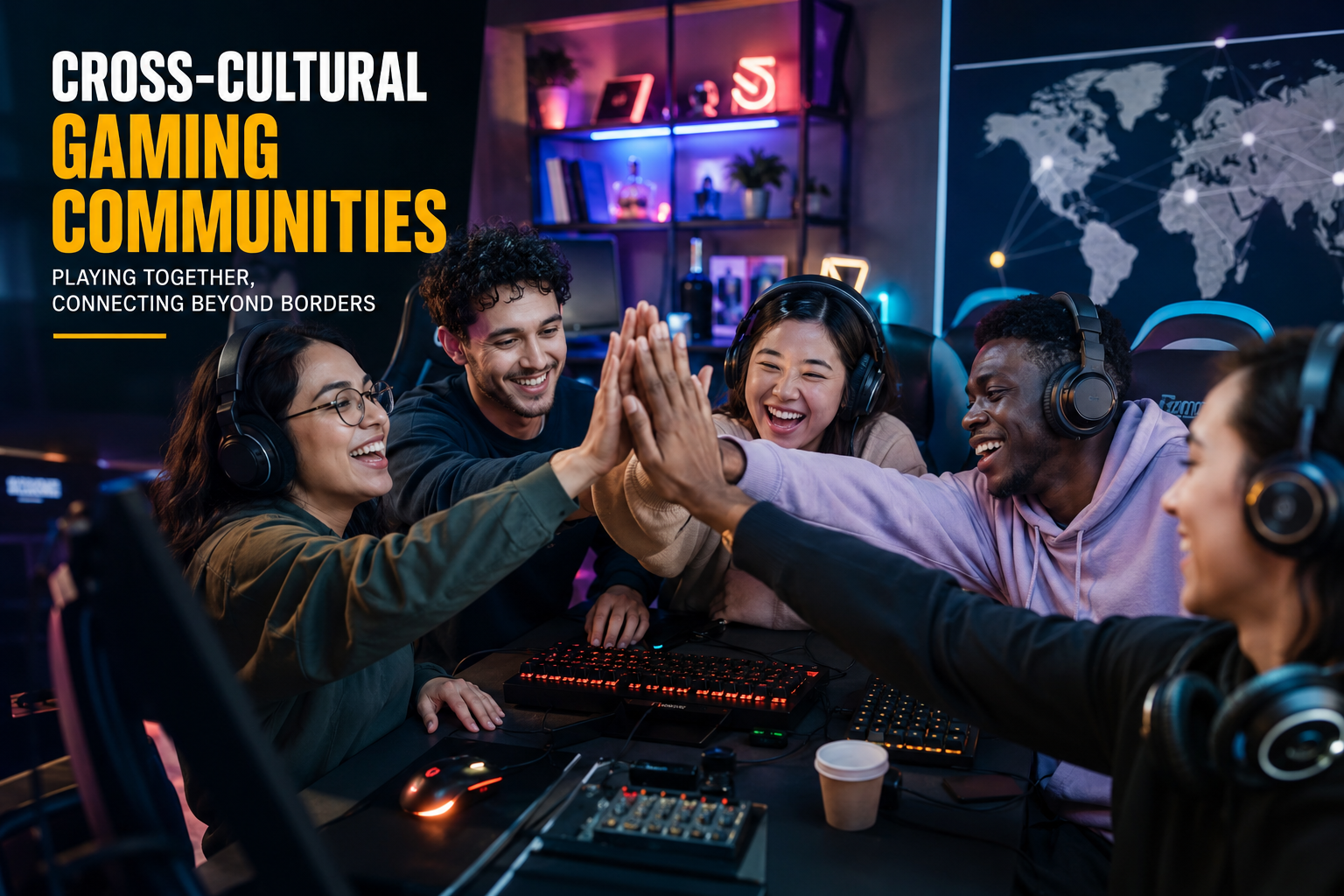 Cross-cultural gaming community members from different backgrounds celebrating together during a cooperative gaming session